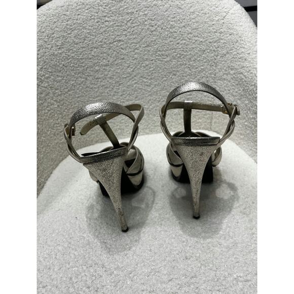 Saint Laurent Glitter Metallic Gold Ankle Strap Heels - Size 37 - Picture 1 of 2